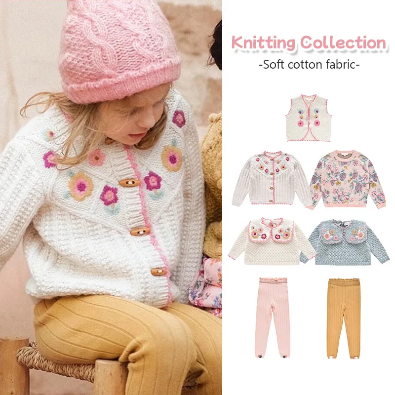 

In stock! Children's Sweater 2023 Autumn/Winter LM Ethnic Style Girls' Heavy Industry Embroidery Flower Square Neck Warm Knit