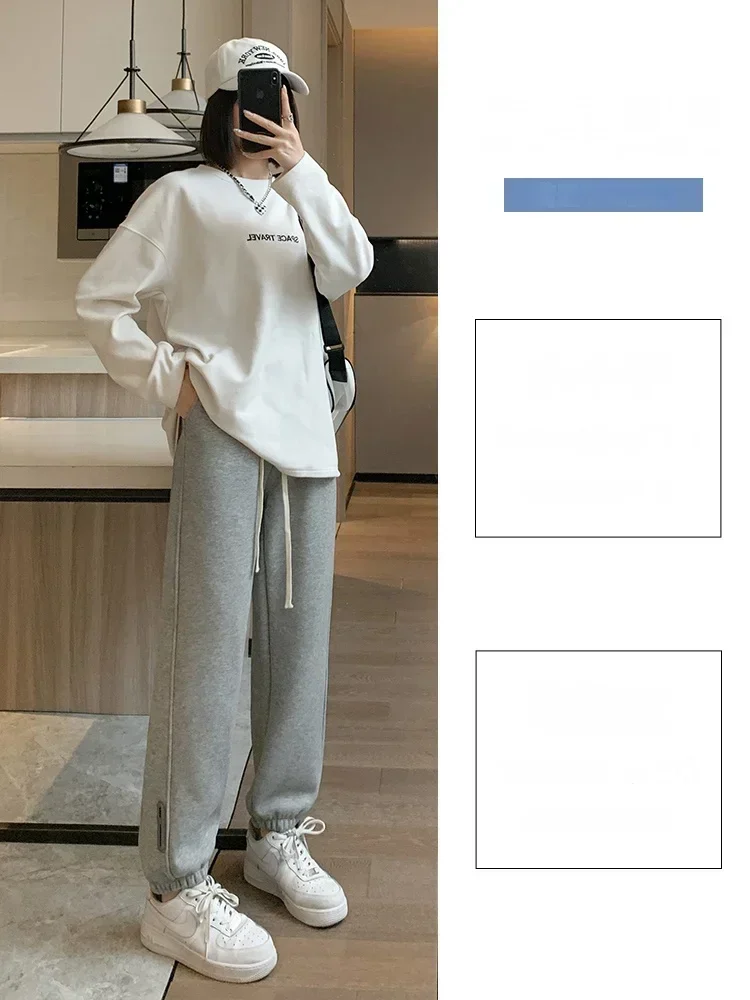 High Waist Sweat pants Women Autumn and Winter 2023 New Small Loose Ankle-tied Casual Pants Gray Fleece-lined Sweatpants Fashion