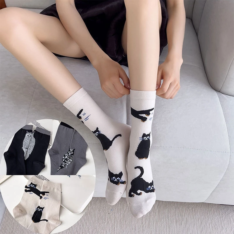 NewCotton Socks Women Spring and Autumn Personality Animal Socks Fashion Cartoon Cat Owl Classic Creative Socks Hot Sale