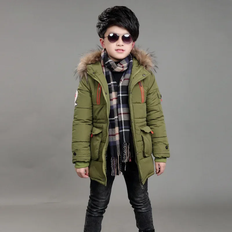 Winter Thick Keep Warm Boys Jacket Large Fur Collar Five-pointed Star Pattern Hooded heavy Coat For Kids Children Windbreaker