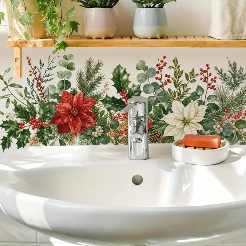 Fresh Floral Pattern Sink Area Background Wall Sticker Bathroom Wall Decoration Self-Adhesive Removable Waterproof Creative Sti