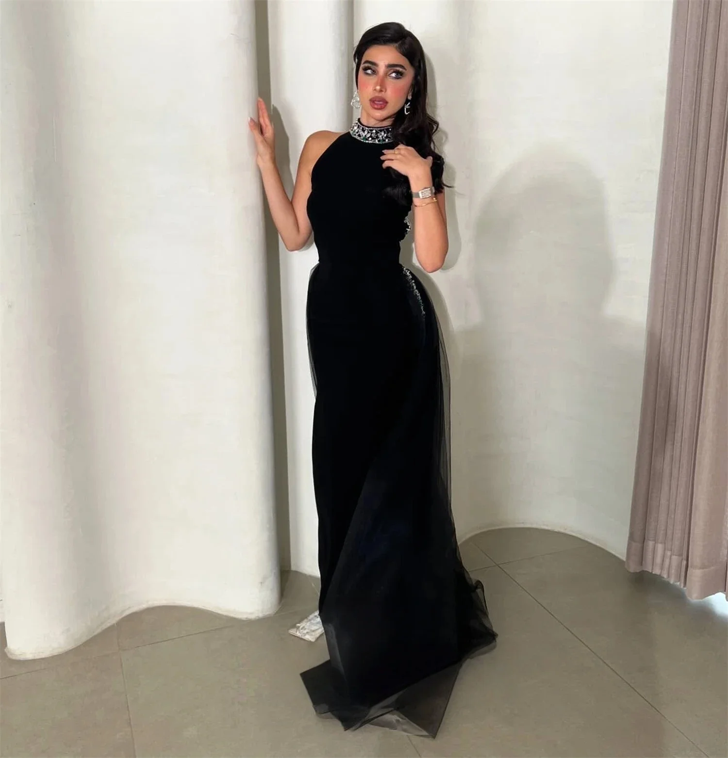 

Black Beaded Long Bespoke Occasion Gown Evening Dresses Pastrol Unisex Jersey Retro Dubai Saudi Arabic Israel Prom Customized