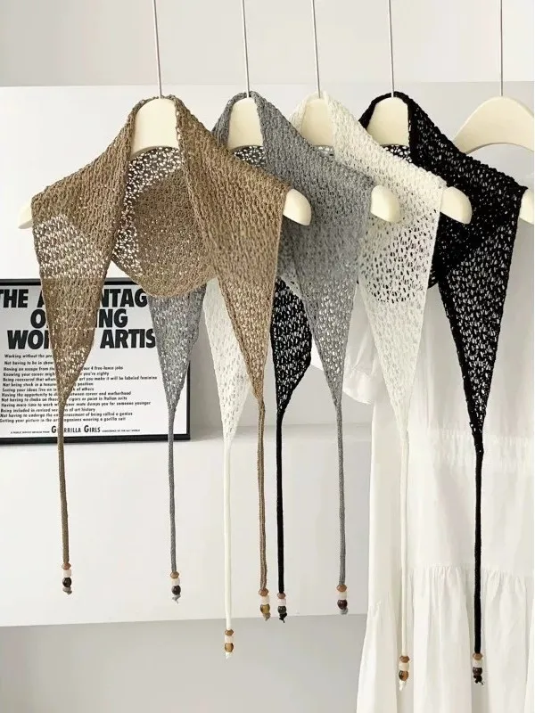 2026 Summer Womens 100 Percent Acrylic Beaded Openwork Knit Triangle Scarf Lightweight Versatile Decorative Tie Shawl Hip Cover