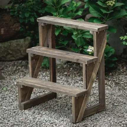 Three-layer stepped small flower stand Solid wood retro old balcony Garden potted plant rack against the wall