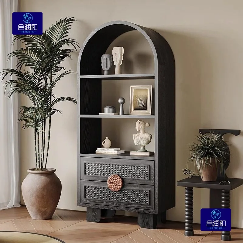 CX antique light luxury bookcase, living room black shelf storage drawer, retro arched door display cabinet