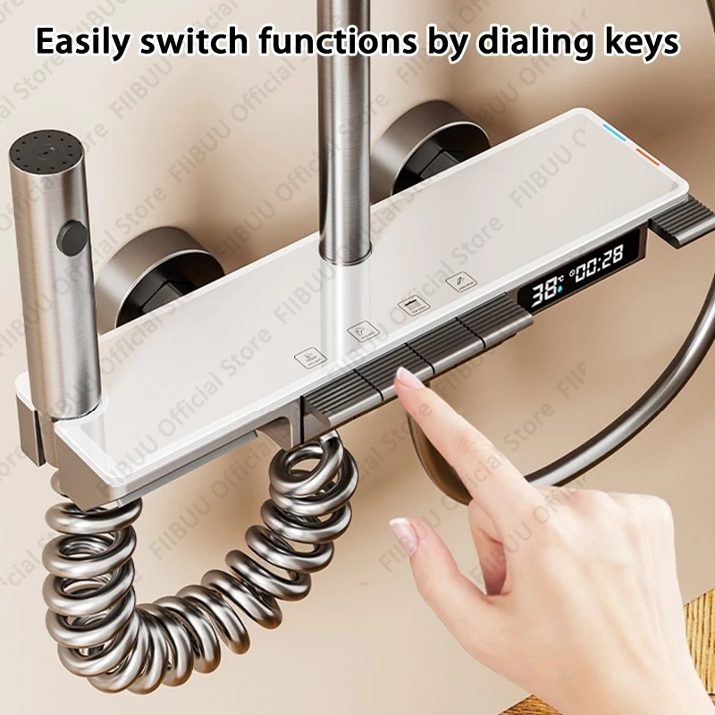 현대식 디지털 디스플레이 욕실 샤워 시스템 냉온수 가정용 샤워헤드 세트 피아노 샤워 조합 무드등 포함