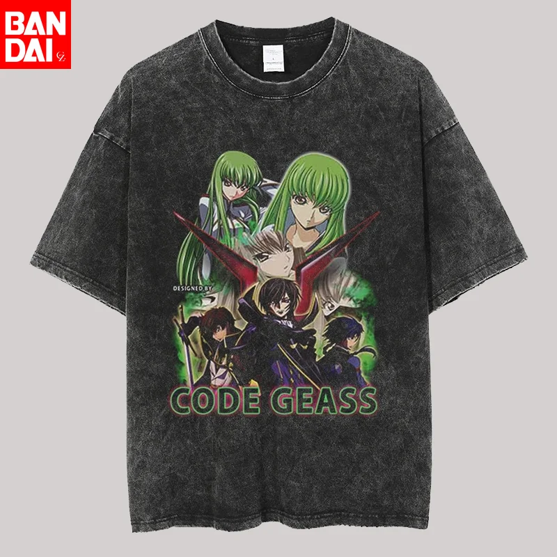 

Винтажные мужские футболки с эффектом потертости, с принтом аниме Code Geass, оверсайз, повседневные женские футболки с коротким рукавом, лето 2025