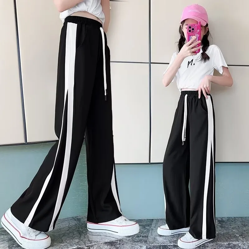 Summer Girls' Casual Pants with Side Pull Strip Kids High Street Hip-hop Thin Style Sweatpants Children's Sports Style Trousers
