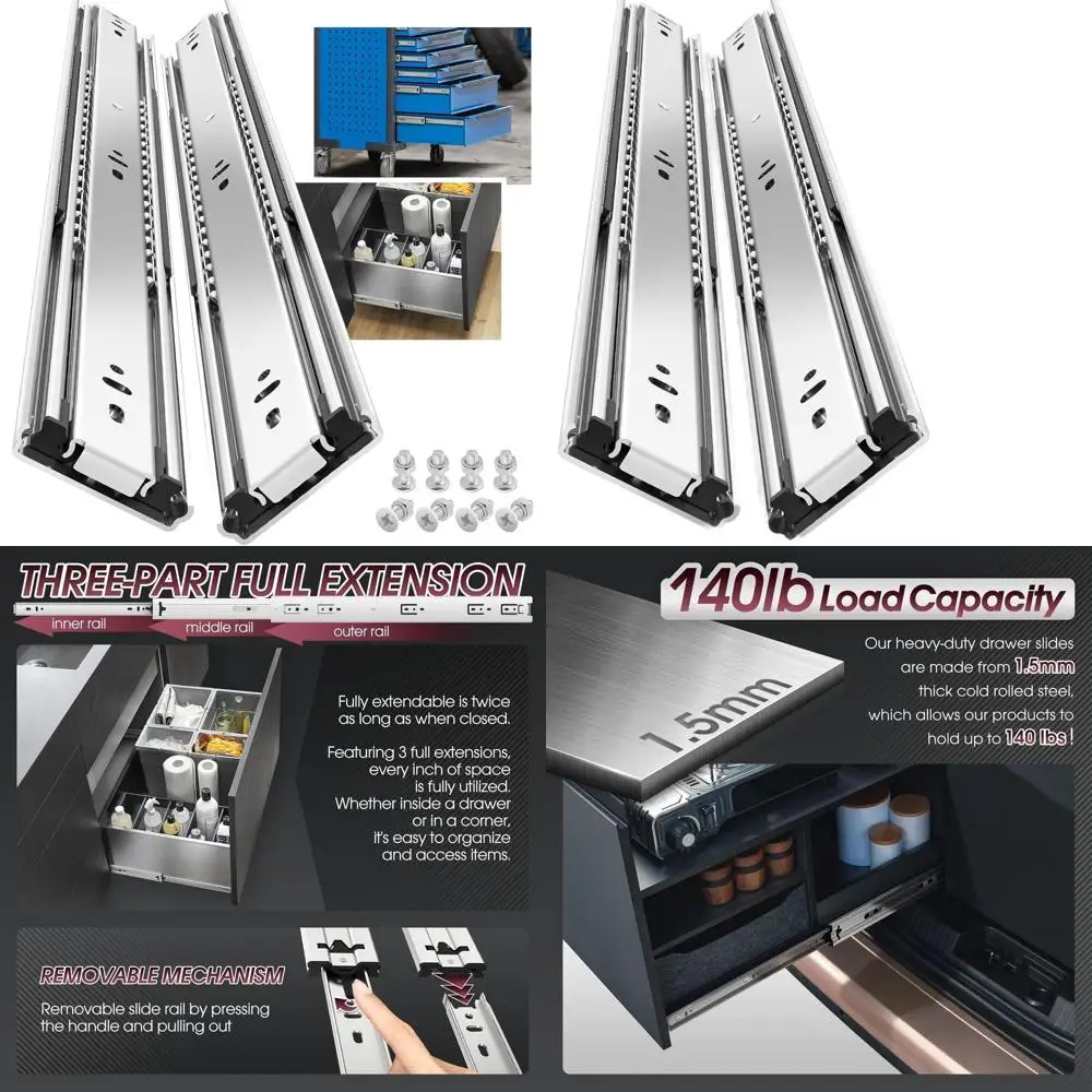 

Heavy-Duty 150 lb Capacity Slides with 30 Full Extension Ball Bearing Rails for Side-Mount Cabinet Glides and RV Tool Box Runner