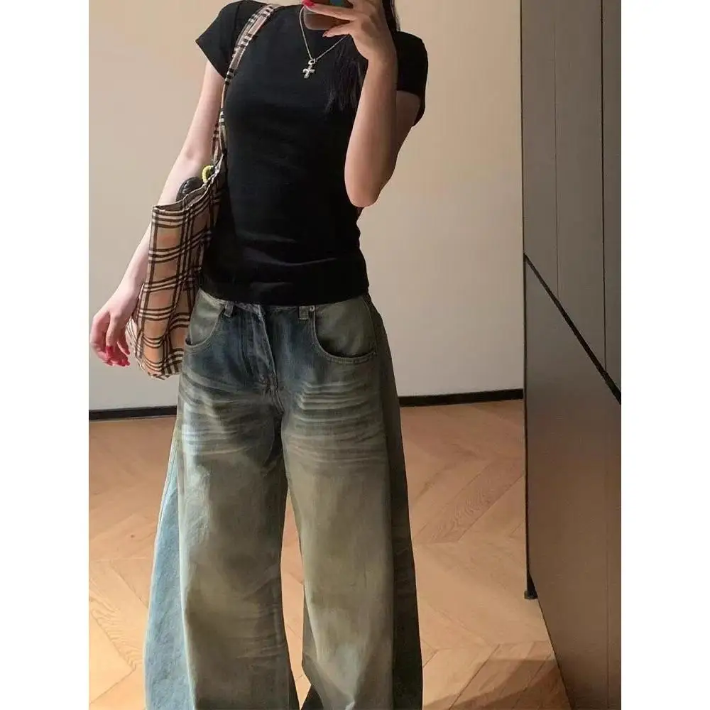 

Retro American Light Blue Denim Jeans Women's Autumn Winter New Straight Casual Loose Waed Wide Leg Pants l Waist