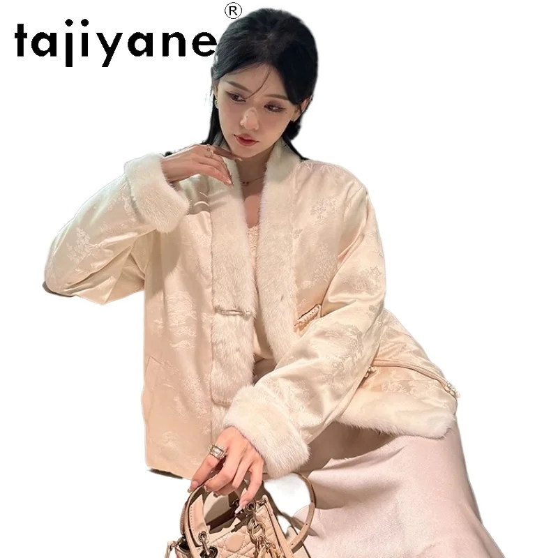

TAJIYANE White Goose Down Coats Women Elegant Mulberry Silk Jacket Luxury Mink Fur Female Coat Winter Women Clothes 2025 пуховик