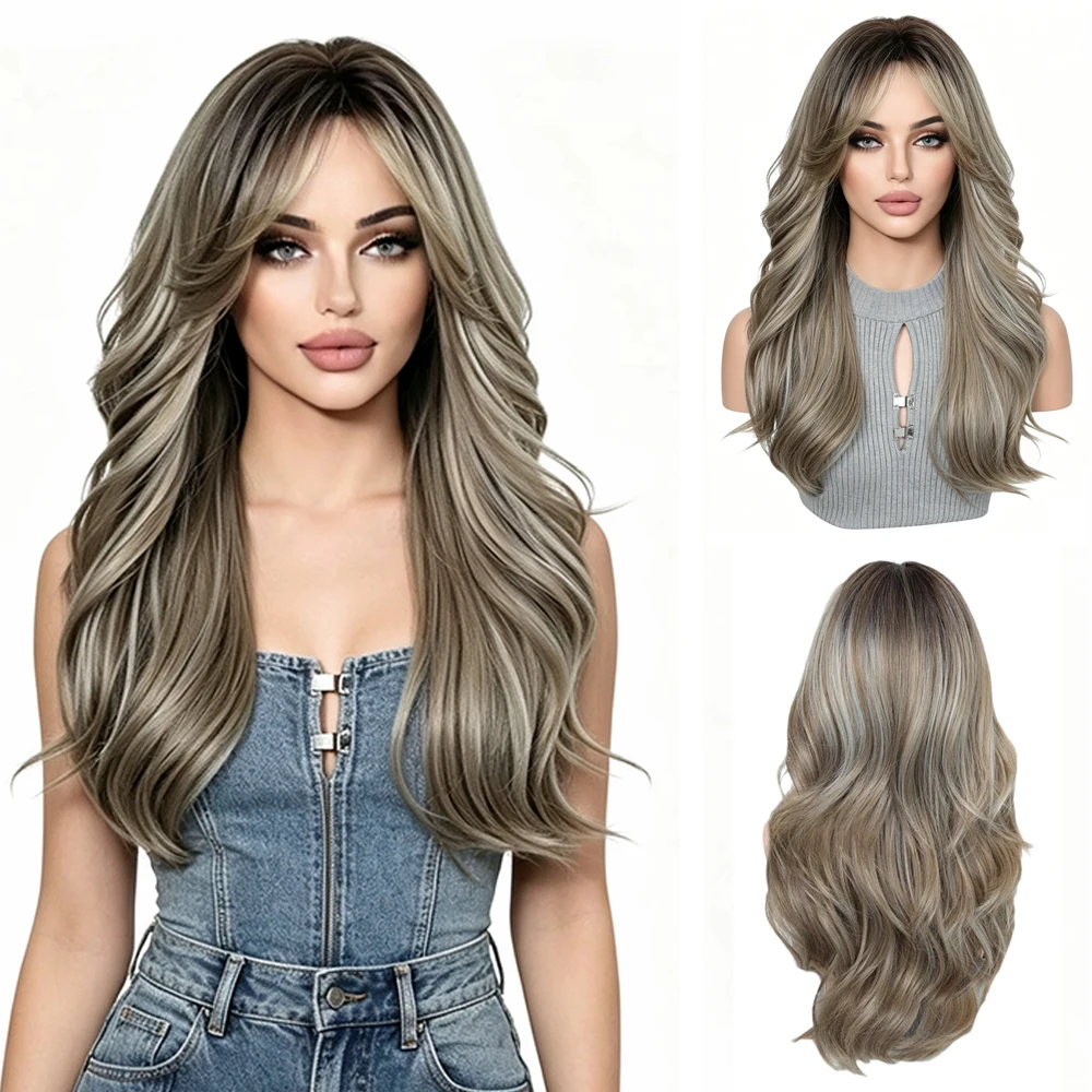 Long Wavy Wig For Women Ombre Ash Brown Curtain Bangs Heat Resistant Synthetic Hair Natural Looking Daily Party Cosplay Use