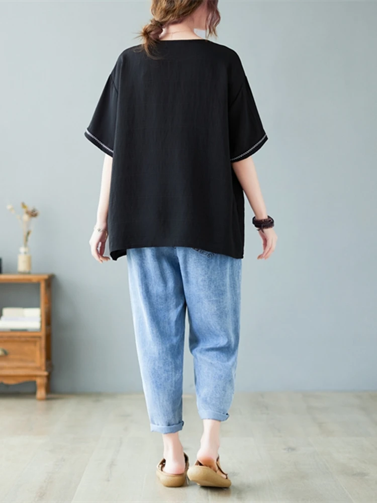 Oversized Loose Summer Women T Shirt Casual Korean Ladies Womens Tshirts Large Size 2023 chic Cotton Hemp Black T-shirt Tops