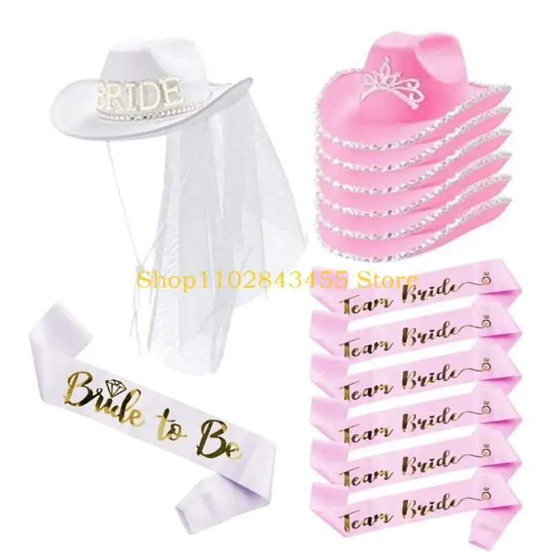49MC Bridal Party Cowboy Hat Sash Bride Letter Top Hat Bachelorette Party Headdress
