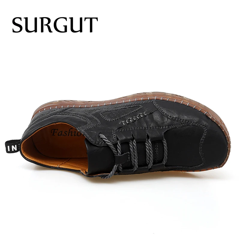 SURGUT Handmade Genuine Leather Casual Shoes Lace Up Outdoor Wear-resistant Men Shoes Trend Business Walking Shoes Soft Sneakers