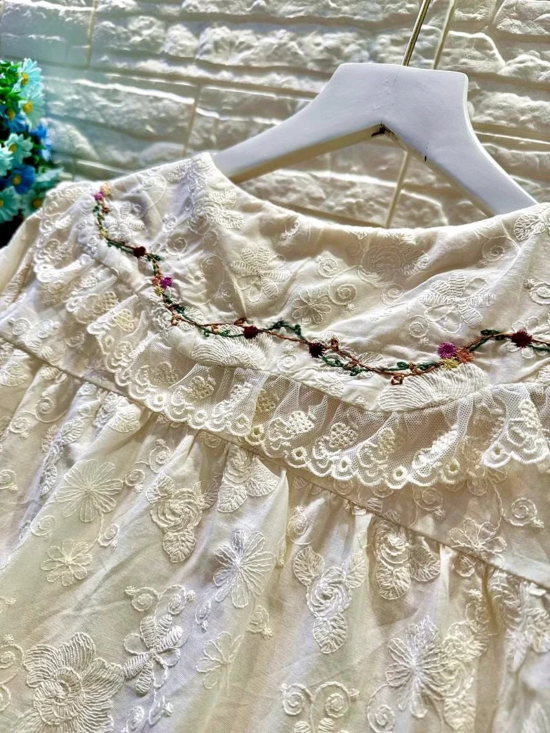 Women Summer Vintage Cotton Ruffled Lace Embroidery White Shirt 2024 Victorian Rococo Retro Shabby Chic Cottage Core Blouse Tops