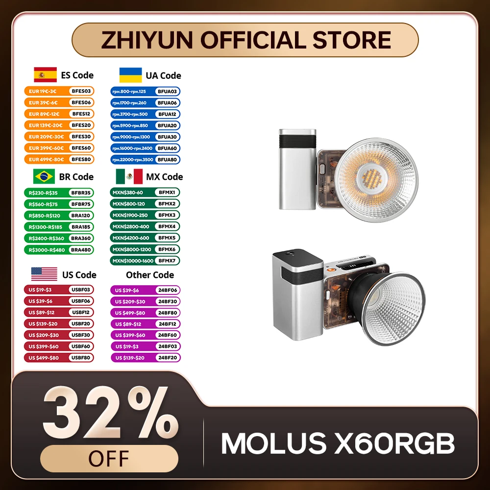 ZHIYUN Official MOLUS X60 X60RGB RGB 60W COB Video Light LED Pocket Lights Portable Outdoor Fill Lamp Photography Lighting