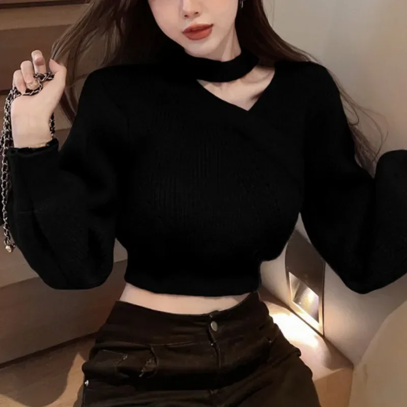 Women's New Christmas Sweater Long Sleeve Top Versatile V-neck Solid Off Shoulder Sexy Hanging Neck Pullover Korean Streetwear