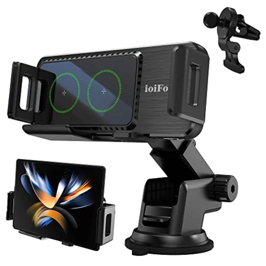 

Беспроводное автомобильное зарядное устройство Qi 15 Вт с автоматическим вращением, двойными катушками, быстрой зарядкой, креплением на вентиляционную решетку/панель приборов для Samsung Galaxy Z Fold