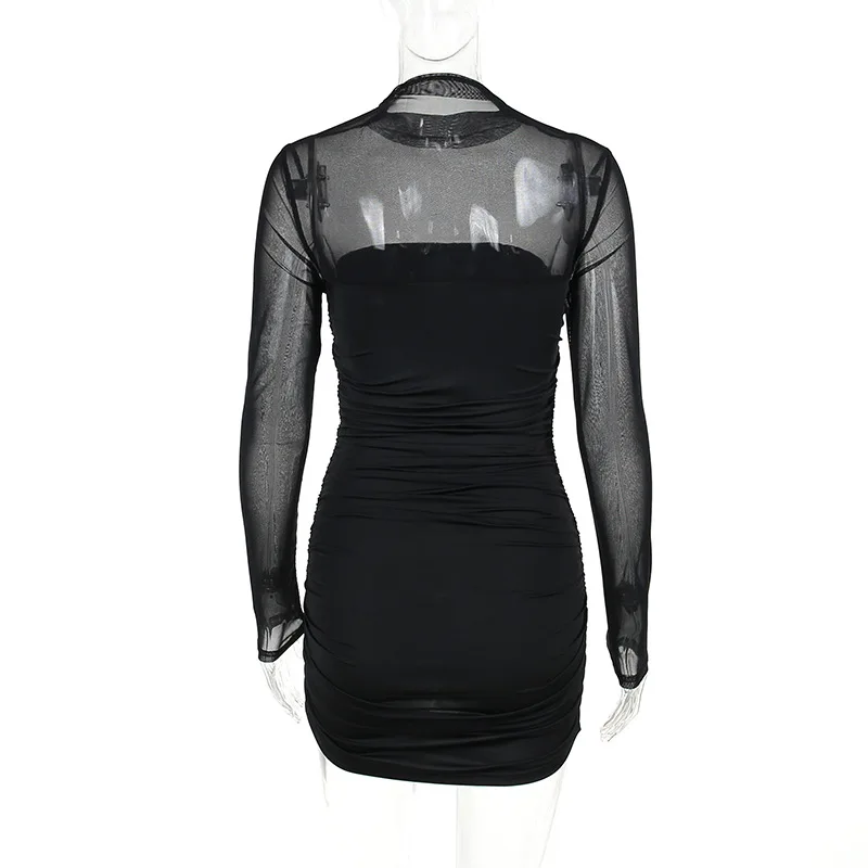 Sehen Durch Schwarz, Figurbetontes Kleid Für Frauen Kleidung Schlank Sexy Streetwear Langarm Vestidos De Mujer Patchwork Mode Outfits – Detail 12