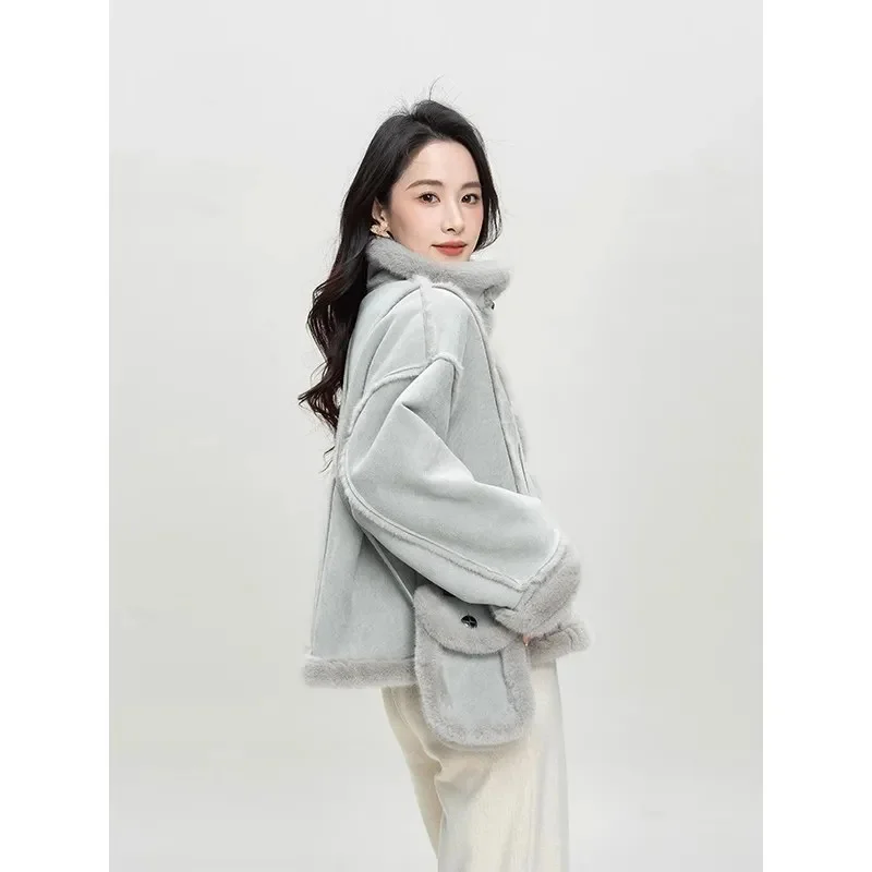 Women Fur Coat New Winter Artificial Fur Overcoat Splicing Motorcycle Coats Women's Loose Casual Standing Collar Blue Jacket