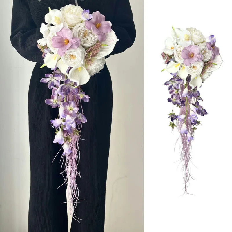Premium wedding pink simulated flower waterfall hand bouquet bride certificate wedding bouquet wedding photo props