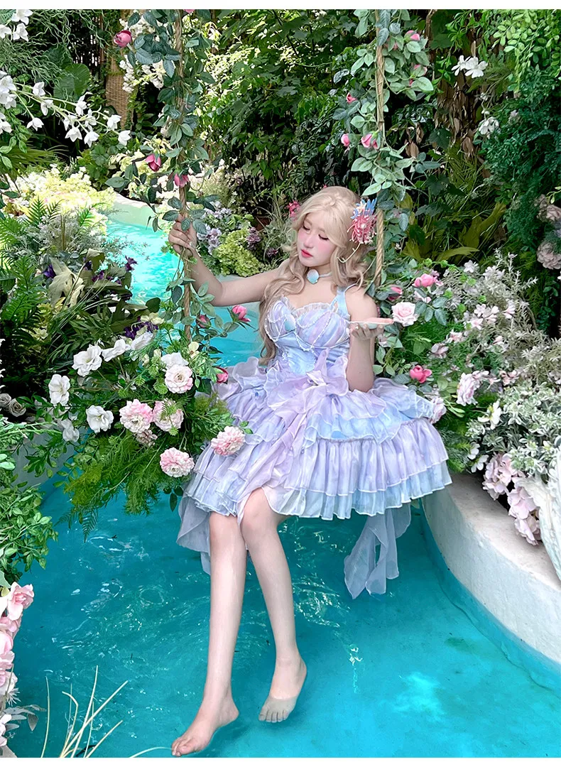 Mermaid Princess Beach Vacation Summer Dress Romantic Island Beach Atmosphere Dress Dreamy Blue and Purple Color Strap Dress