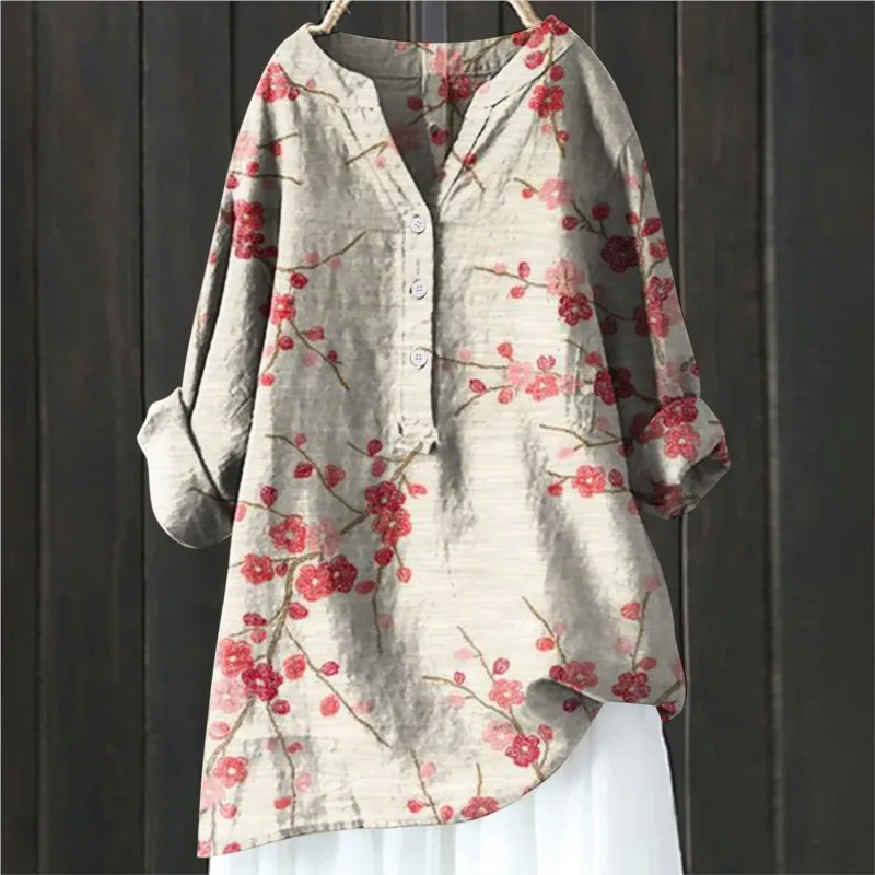 Blusa de lino con estampado Floral para mujer, camisa de manga larga con cuello en V y botones, Estilo Vintage e informal, 2024