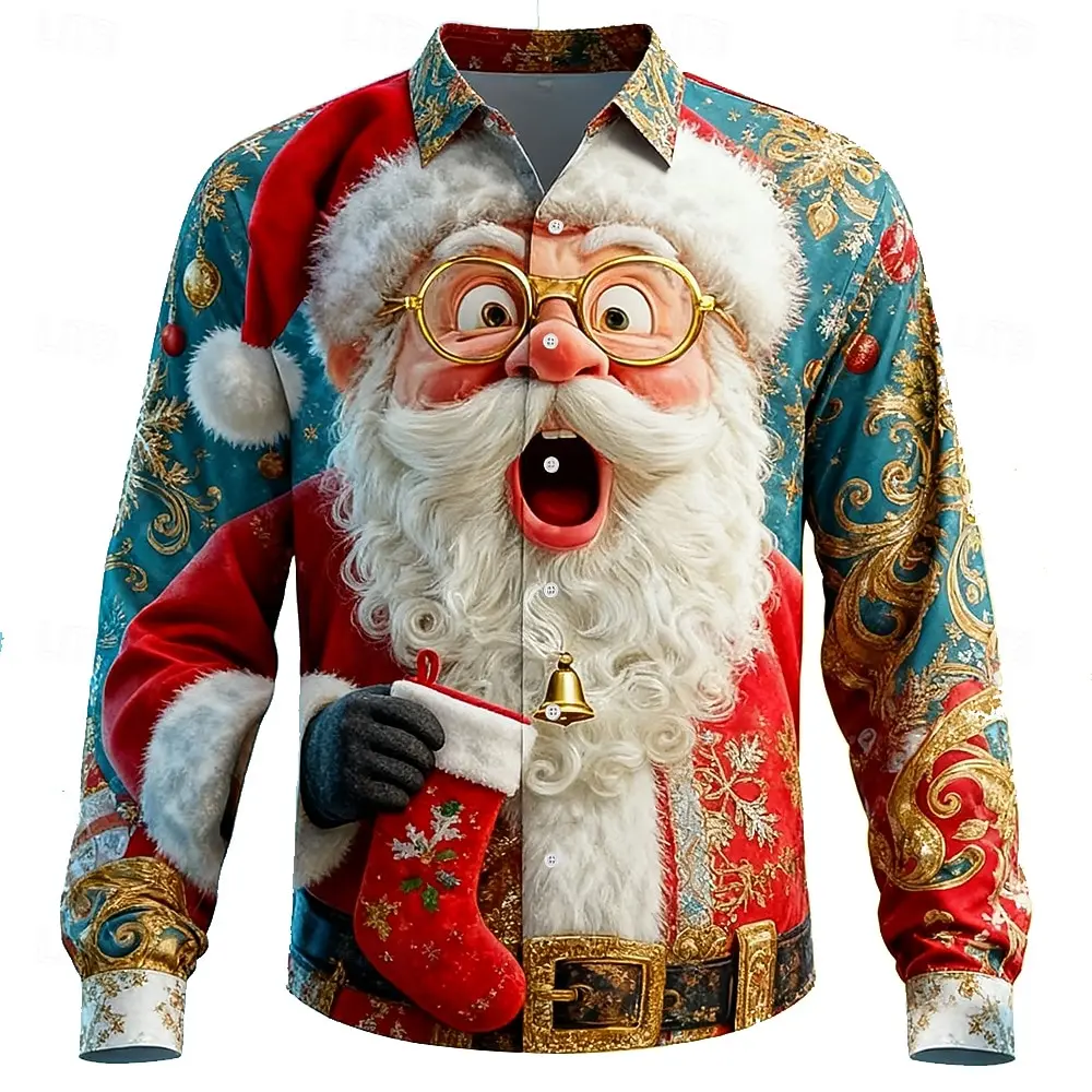 Men Lapel Collar Shirt Christmas‑Theme Red Tone Surprised Santa‑Face Golden Ornament Graphic Polyester Long‑Sleeve Top