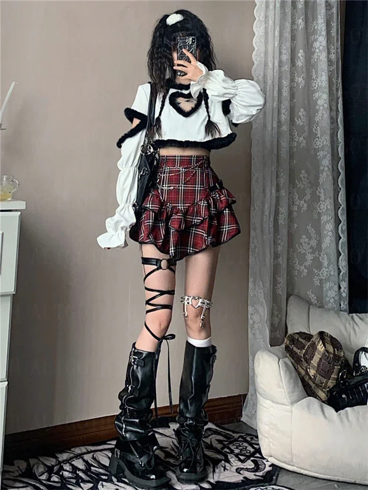 DemoRave Fashion Streetwear Gothic Y2k Red Plaid Skirt Women Harajuku Emo E-girl High Waist Cake Skirt Fairycore Grunge Clubwear