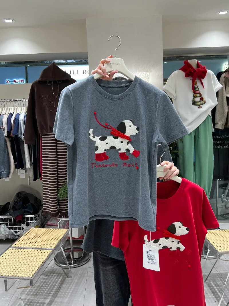 اليمين الكتف جولة الرقبة المطرزة الكرتون تيز الخريف سميكة نحى القطن أنيق الشباب فضفاض تي شيرت كامل للفتيات