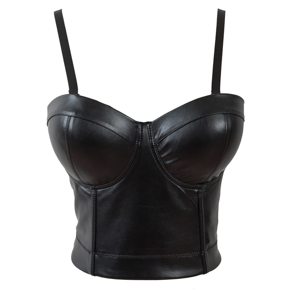 Sexy Black PU Leather Zipper Bra Push Up Bralet Female Gothic Tube Top Corset Bustier Bra Club Party Crop Top Lingerie Plus Size