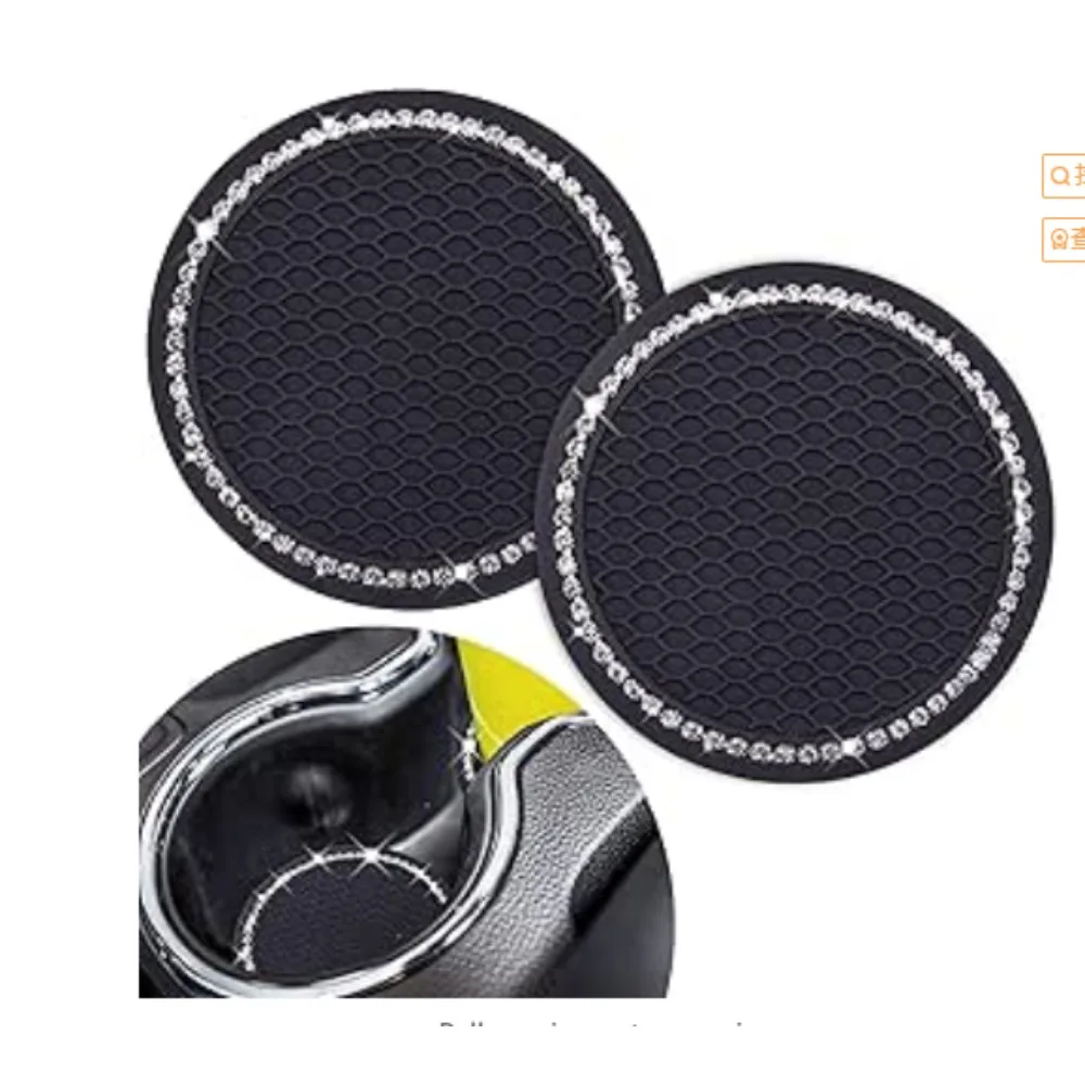 2Pcs Car Cup Holder Coaster Rhinestone Non-Slip Silicone Honeycomb Texture Auto Interior Accessories