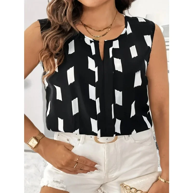 Plus Size 1XL-5XL Fashionable Women's Sleeveless Printed Round Neck Casual Comfortable Vest Top