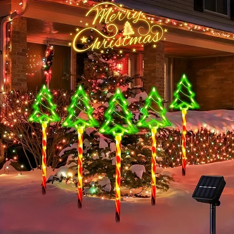 Outdoor Solar Christmas Tree Lights 5PC Set Waterproof 8 Modes Candy Floor Light String Garden Courtyard Decor