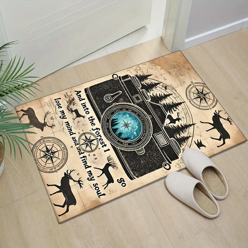 Forest Adventure Camera Deer Rug Inspirational Quote, Nature Lover Gift Rustic Home Decor Anti slip carpet can be machine washed - view 3