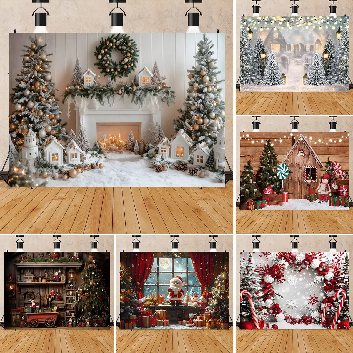 Christmas Decoration Cartoon Santa Claus Theme Photography Background Family New Year Night Party Banner Photo Booth Room Prop