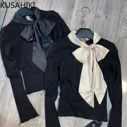 KUSAHIKI Bow Bandage Long Sleeve T-shirts Women Spring 2024 New Graphic T Shirts Korean Fashion Elegant Slim Spicy Girl Y2k Tops