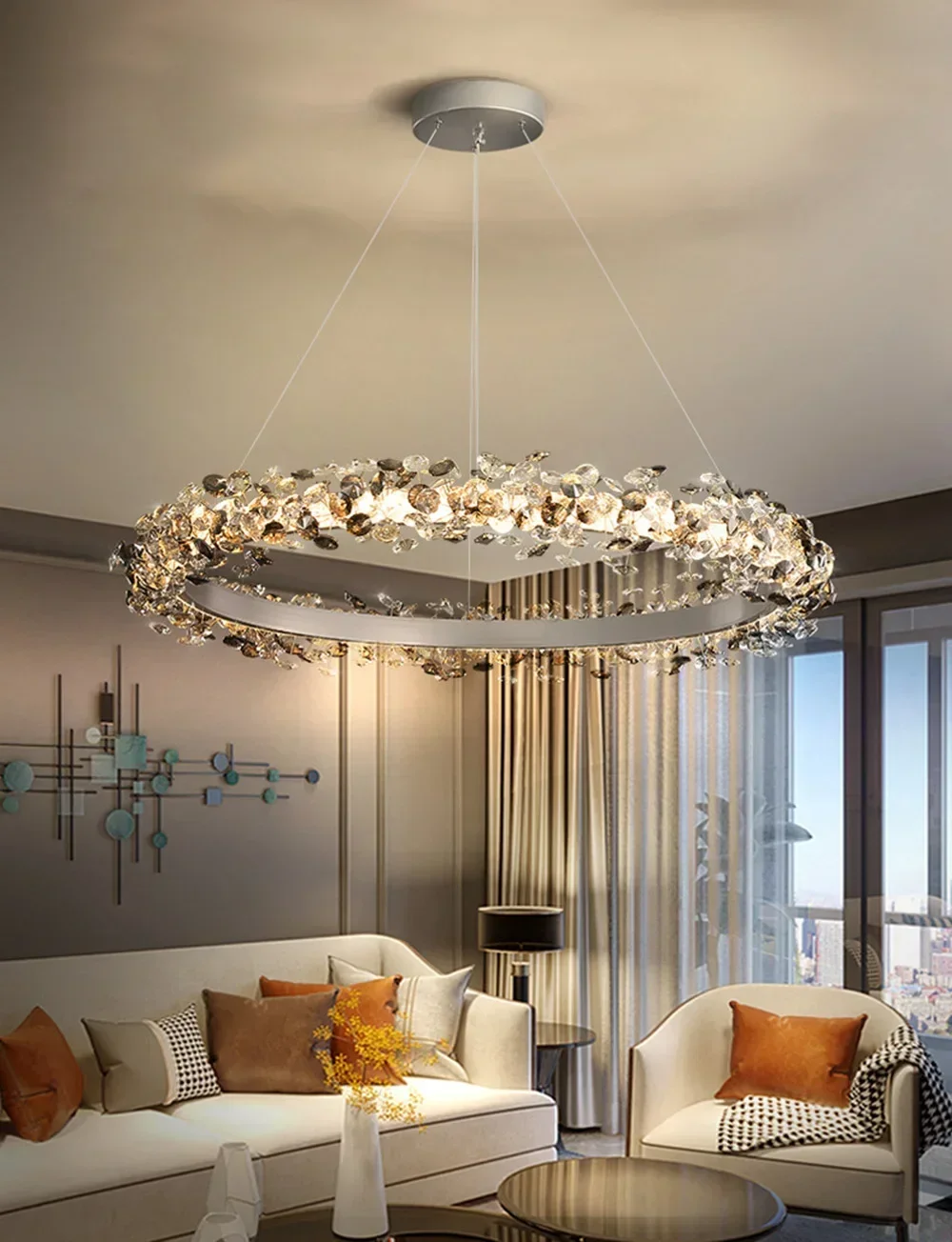 GHJUYIOL New Pendant Chrome Style Lamparas Round LED Crystal Lamps Circles Light for Restaurant Crystal Lighting Fixture