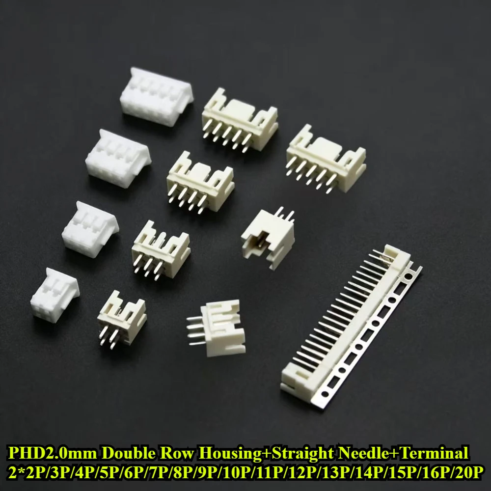 20Sets PHD2.0mm Double Row Housing 2*2P/3P/4P/5P/6P/7P/8P/9P/10P/11P/12P/13P/14P/15P/16P/20P+Straight Needle+Terminal Connector