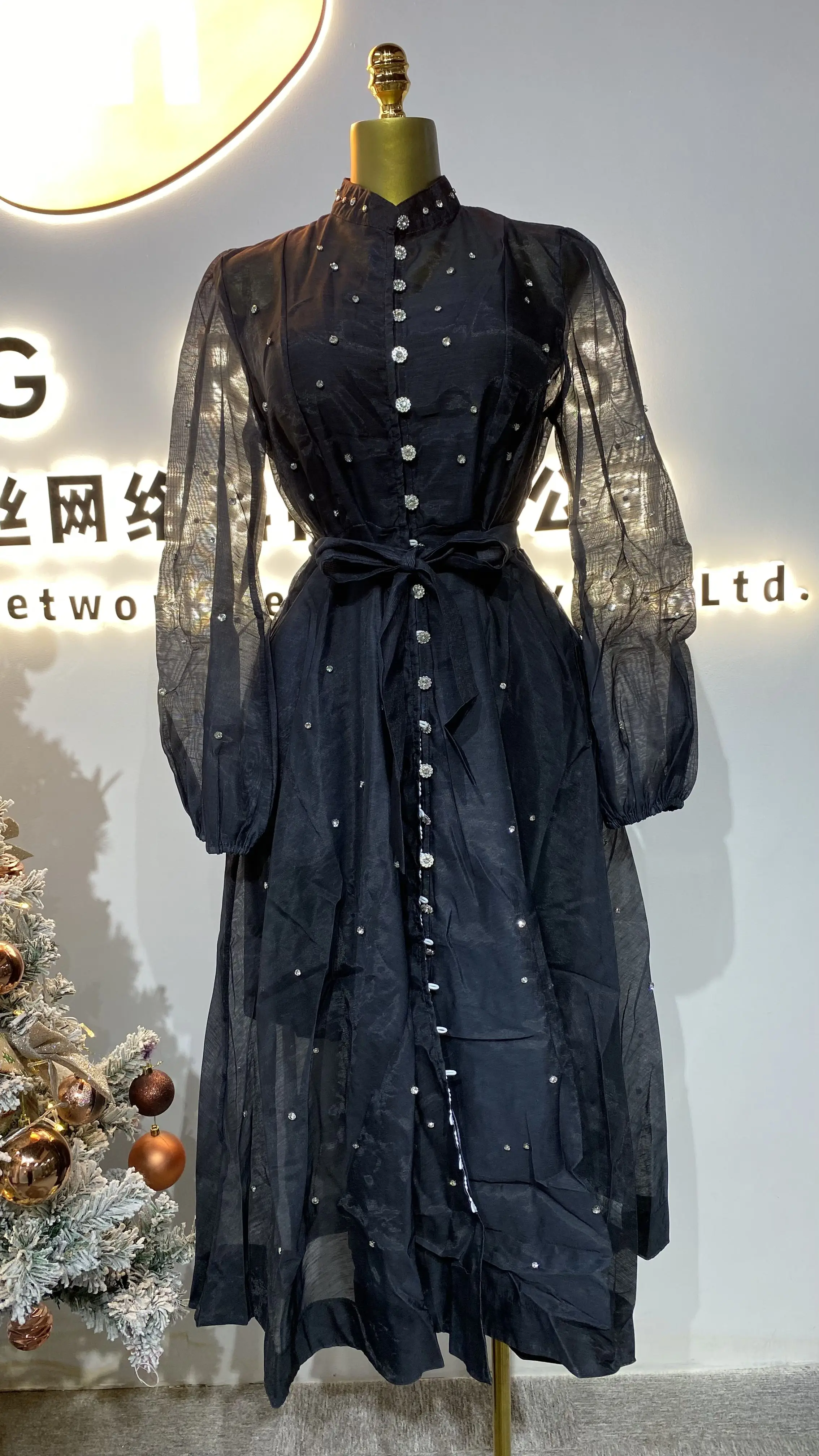 Women wholesale new style lightweight luxury nails diamond fashion single breasted swing dress-GZMM214