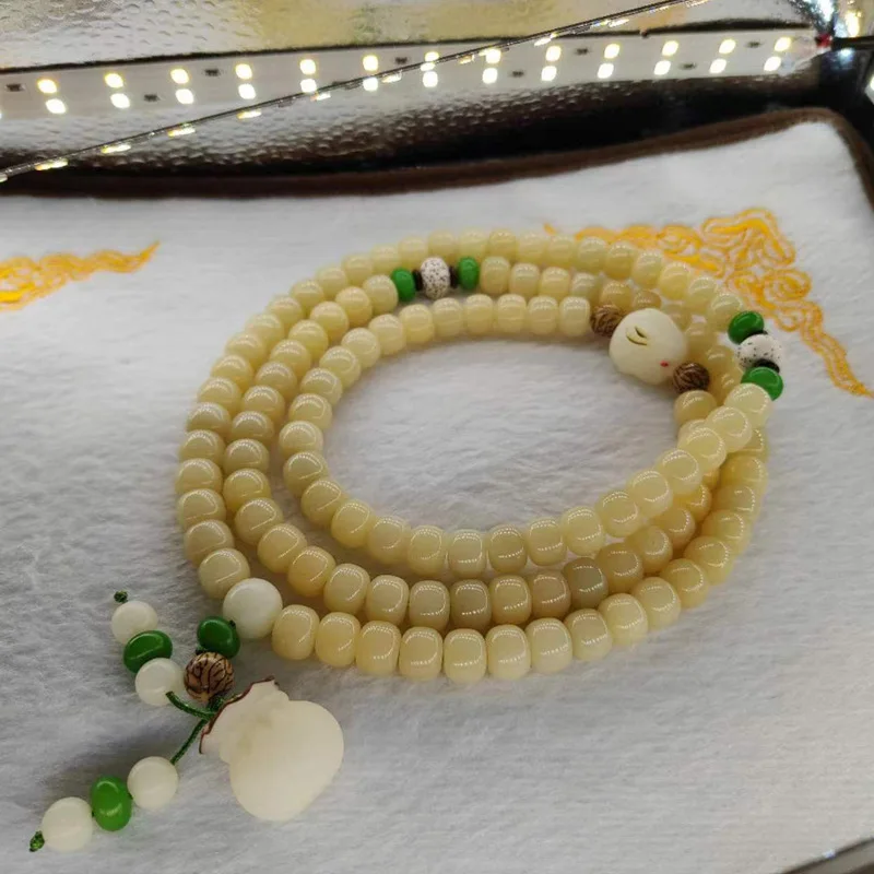 108 Beads White Jade Bodhi Root Bracelet Charcoal Roasted Rabbit Design Buddhist Prayer Beads Unisex Wrist Jewelry Gifts