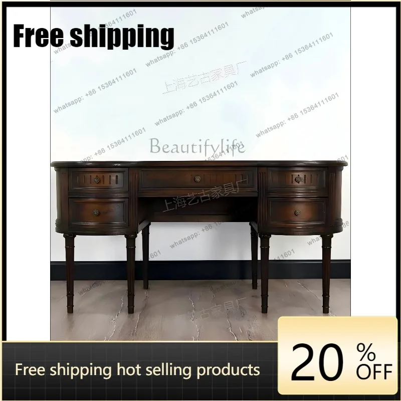 HJ Retro nostalgic home solid wood leather computer table B & B Club Internet celebrity villa designer table