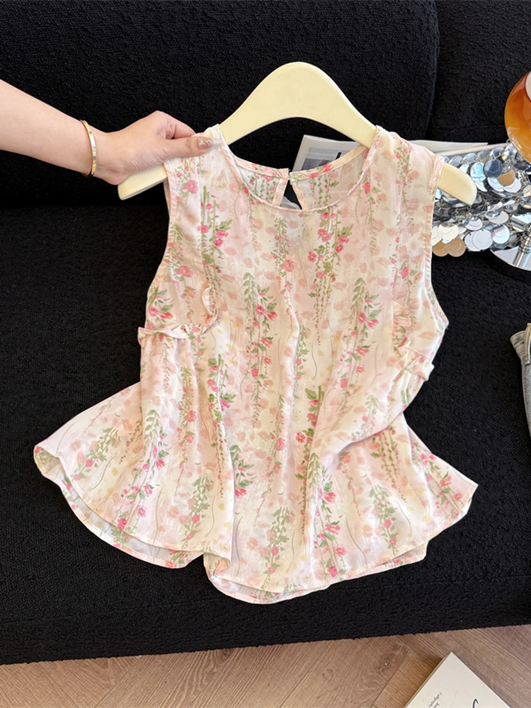 

Sweet Elegant Backless Floral Print Sleeveless Shirt Women's New Summer Fashion High Quality Guangzhou Thirteenth Factory