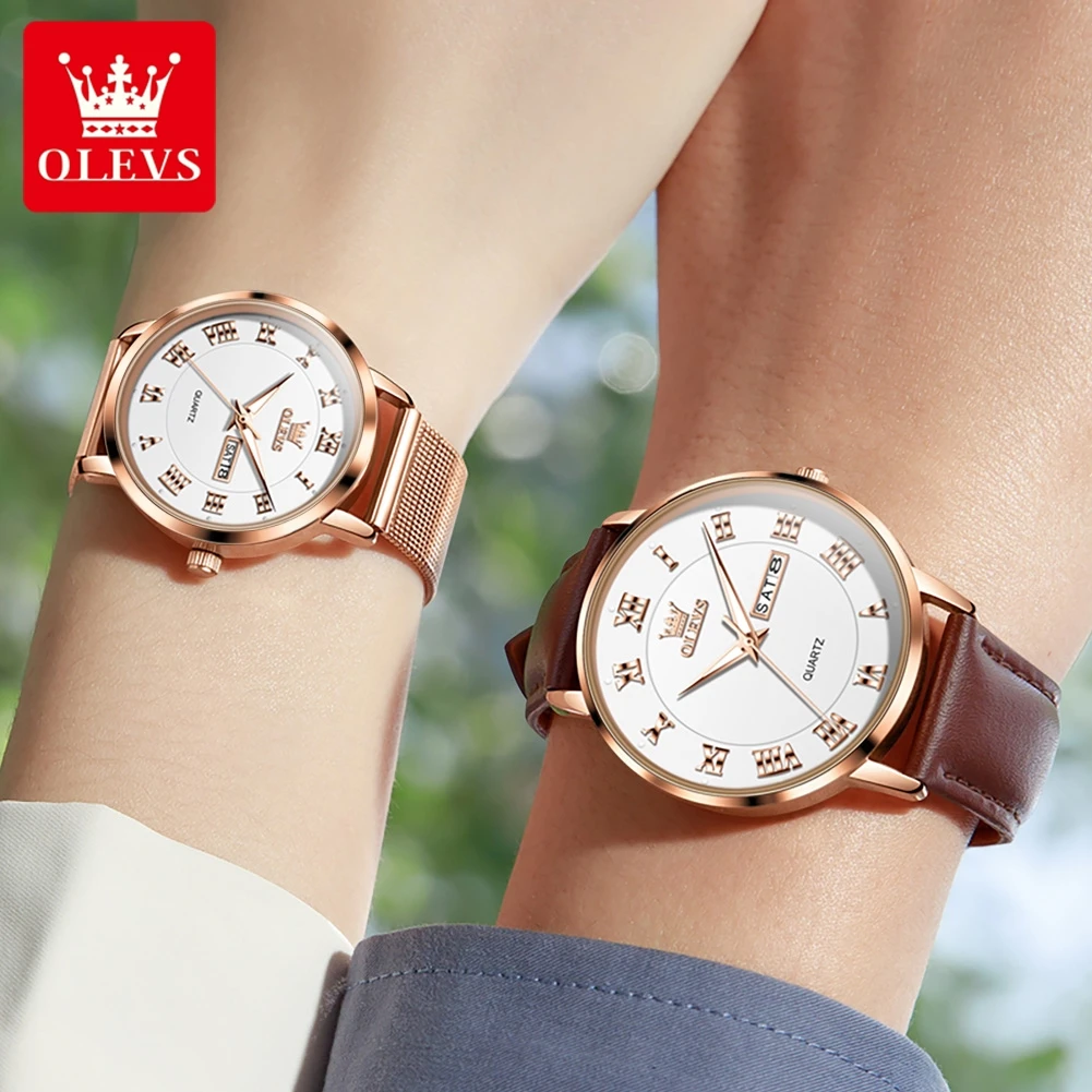 OLEVS-Montre de couple à quartz étanche pour hommes et femmes, marque de mode, semaine Shoe, calendrier, luxe, amoureux, montres, nouveau, 2024