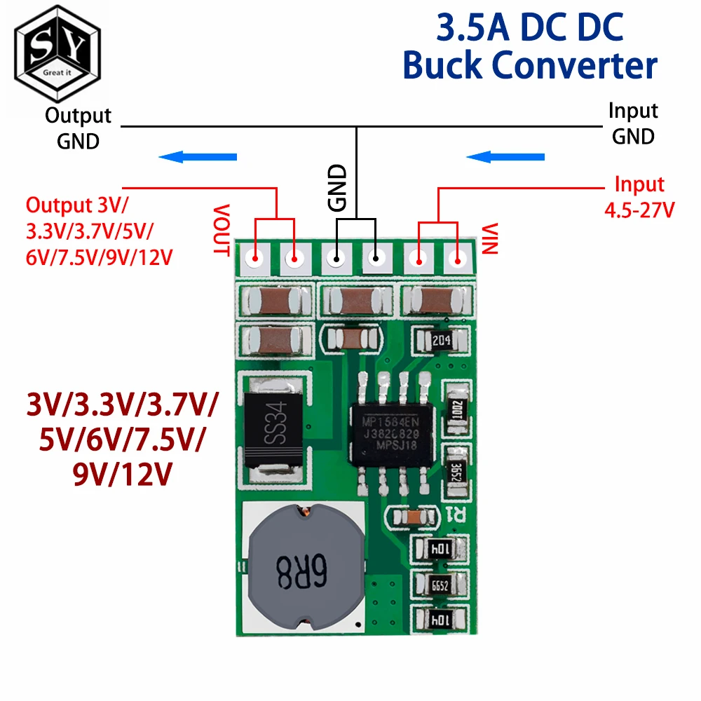 3.5A DC-DC وحدة محول باك تنحى الجهد المنظم مجلس 4.5 فولت-27 فولت إلى 3 فولت 3.3 فولت 3.7 فولت 5 فولت 6 فولت 7.5 9 فولت 12 فولت DD2712sa
