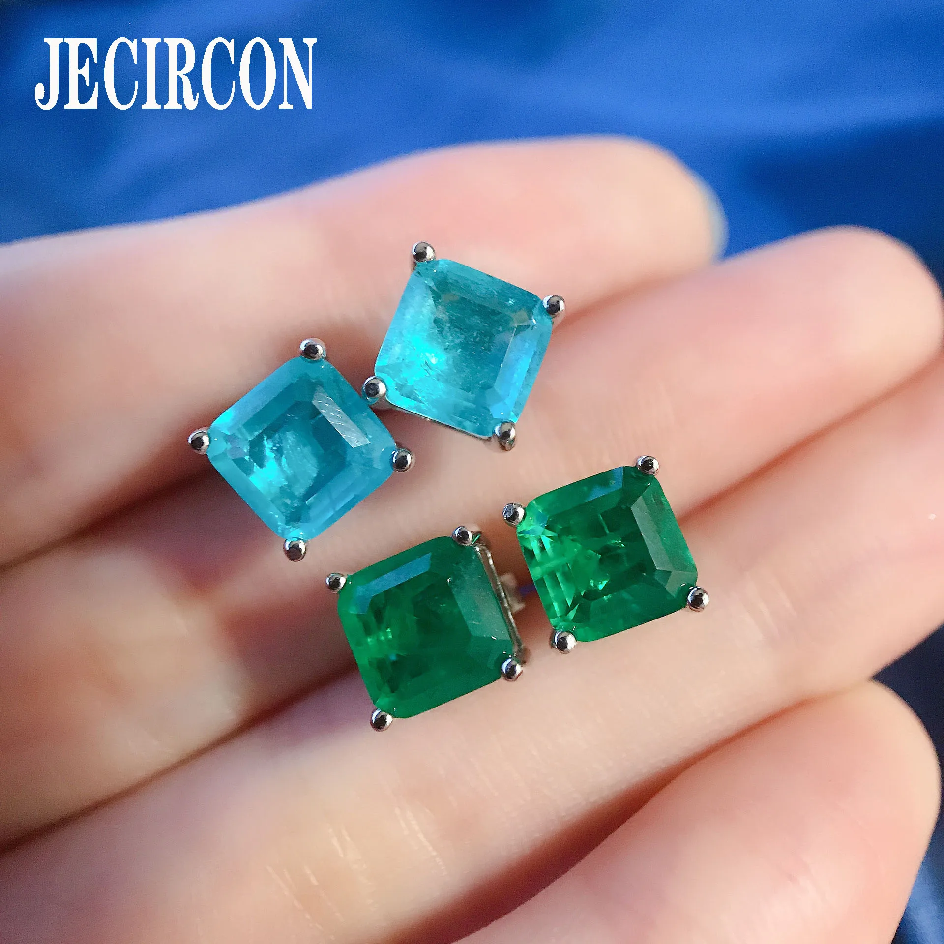 JECIRCON 7*7mm Square High Carbon Diamond Stud Earrings 925 Sterling Silver Green/Sea Blue Zircon European and American Popular