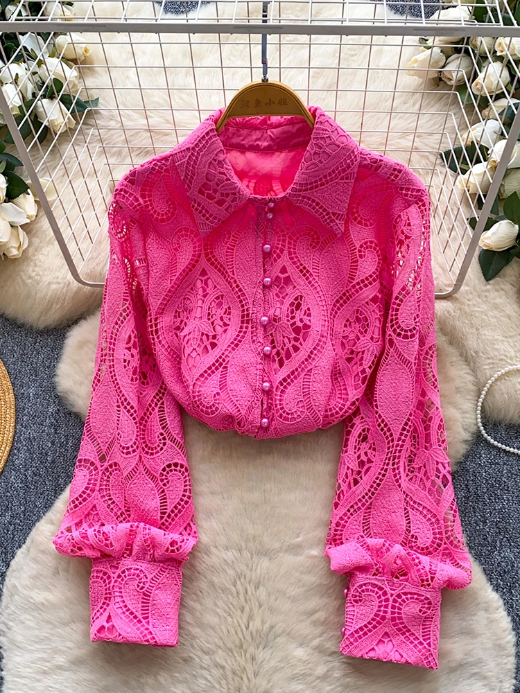 

Women Autumn Shirt High-end French Hollow Out Water-soluble Lace Shirt Nail Bead Single Breasted Bottom Top Blouse BL281