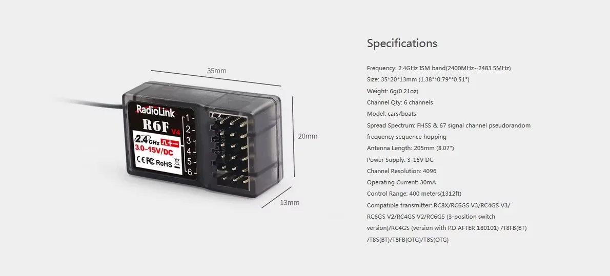 RadioLink R6F 6CH 2.4G V4 récepteur 3-15V DC pour RC8X/RC6GS/RC4GS/T8FB/T8S émetteur RC voiture bateau véhicules modèle jouet pièces