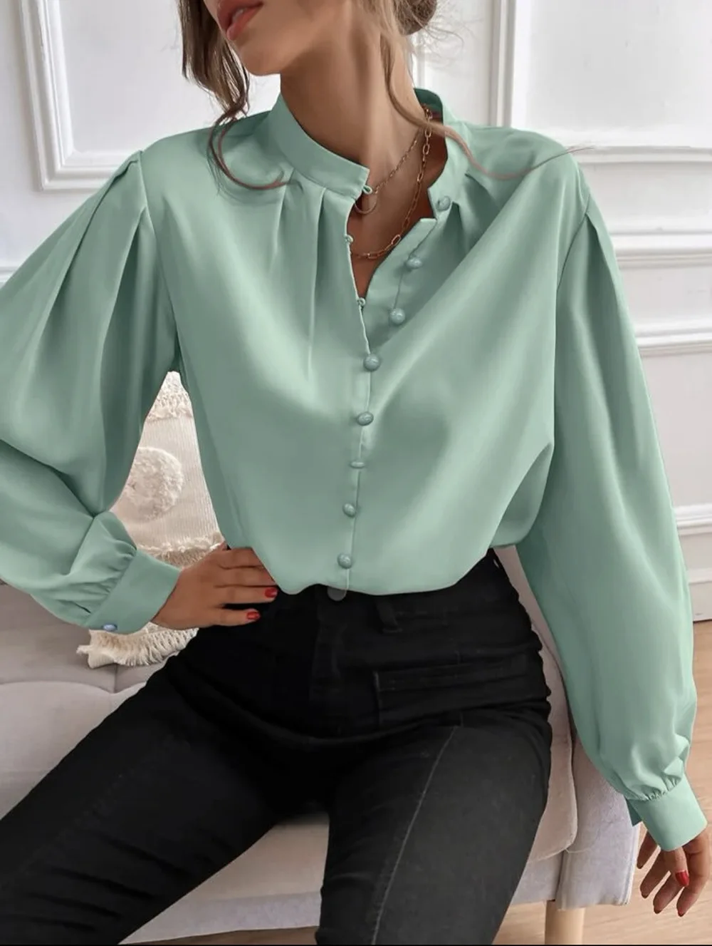 Women Casual Button Down Fall Blouses 2024 Long Sleeve Solid Business Work Tops Trend Relaxed Fit Tee Shirts